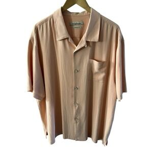 TOMMY BAHAMA 100% Silk Camp Shirt Mens XXL Wooden Buttons Coral Hawaiian Vintage